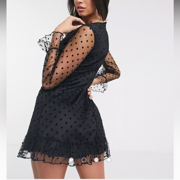 ASOS Parisian V-Neck Ruffle Trim Spot Mesh Mini Dress - Picture 11 of 12